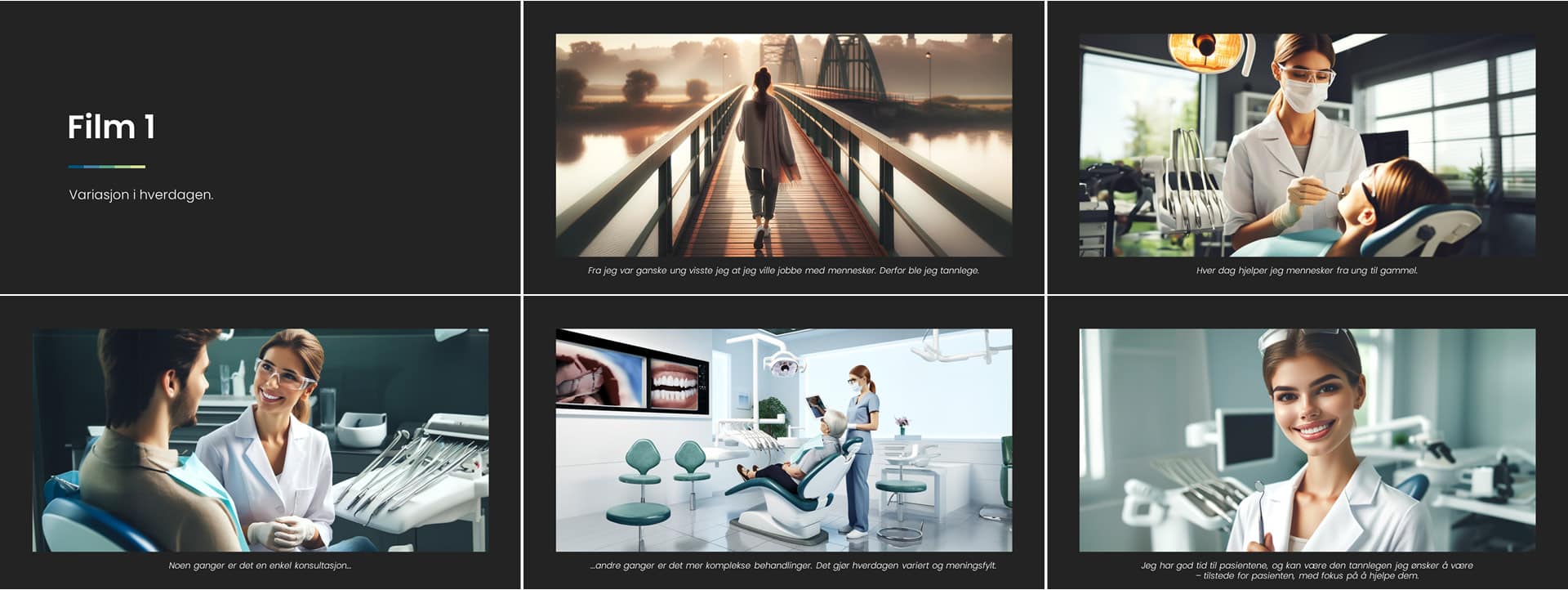 Storyboard laget av KI-bilder som viser en tannlege.
